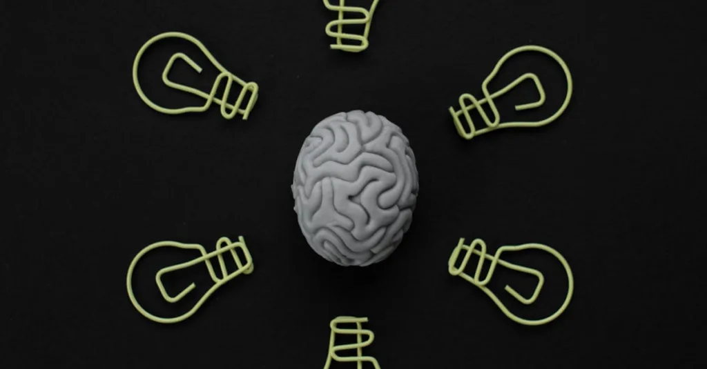 Gray brain at the center surrounded by six yellow lightbulbs on a black background, symbolizing brainstorming and ideas.