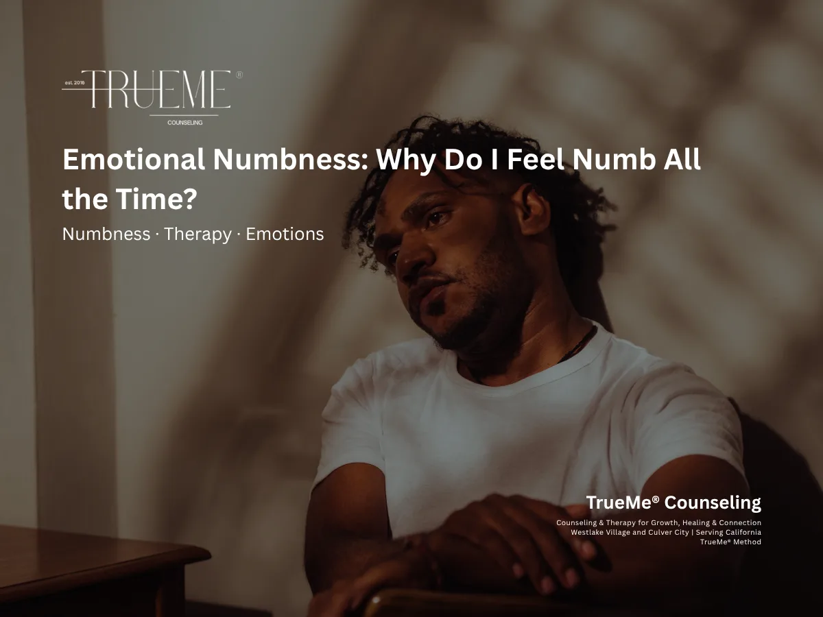Banner for TrueMe Counseling featuring the headline 'Emotional Numbness: Why Do I Feel Numb All the Time?' with a man in a white shirt seated, and the TrueMe Counseling logo.