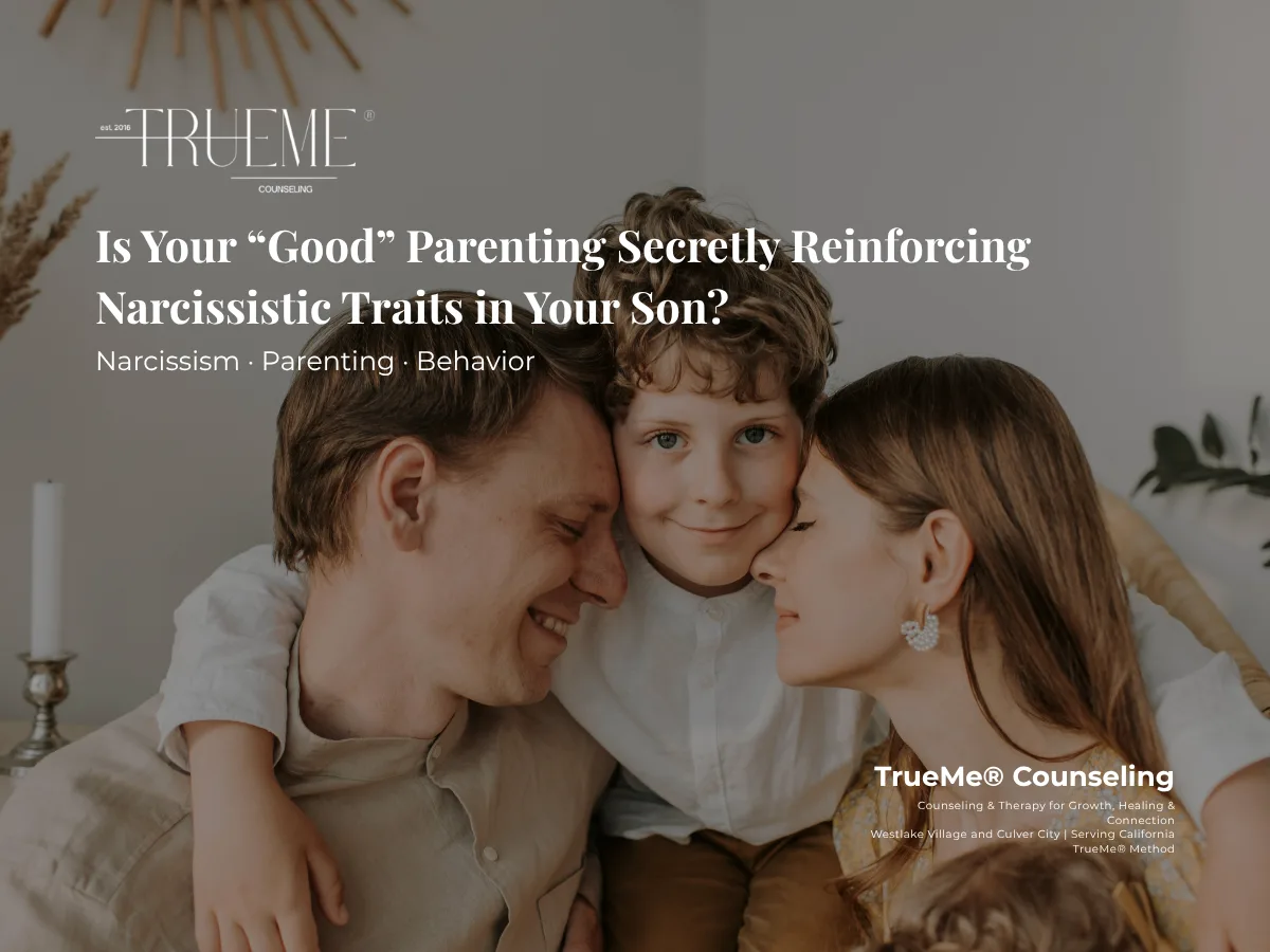 While hugging, mom and dad is holding their son while the son is smiling directly at the camera.